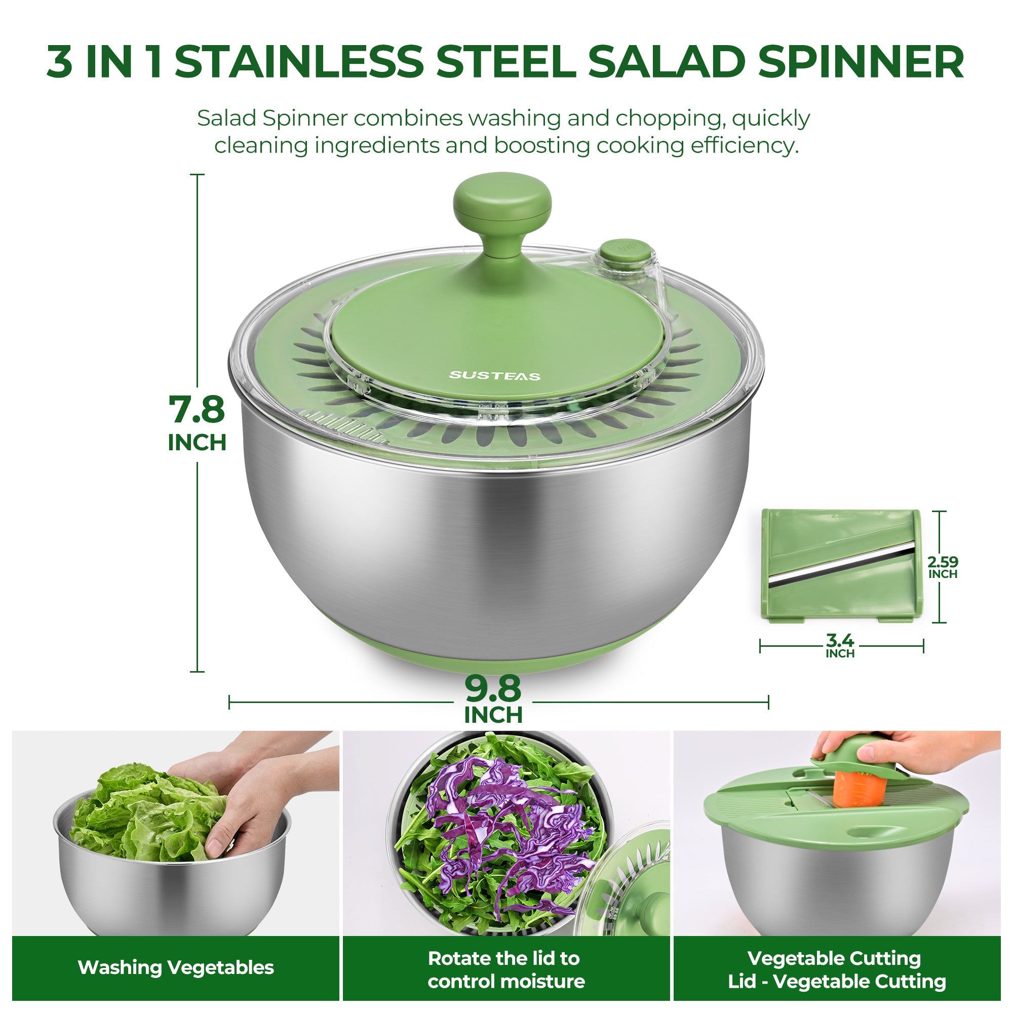 SUSTEAS Salad Spinner, 4.25Qt with 5 Blade Slicer