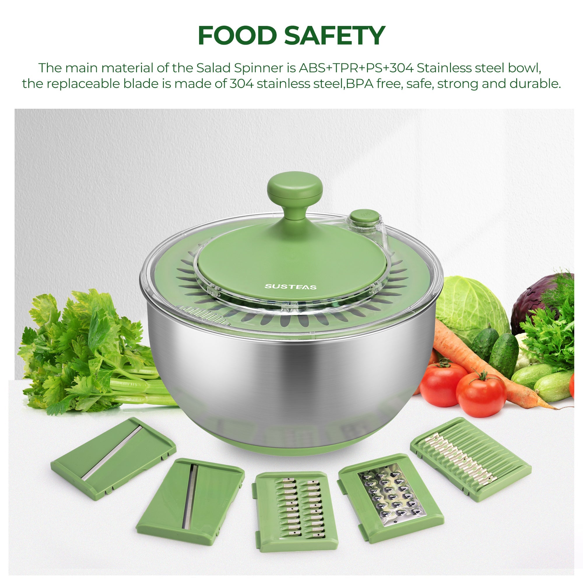 SUSTEAS Salad Spinner, 4.25Qt with 5 Blade Slicer
