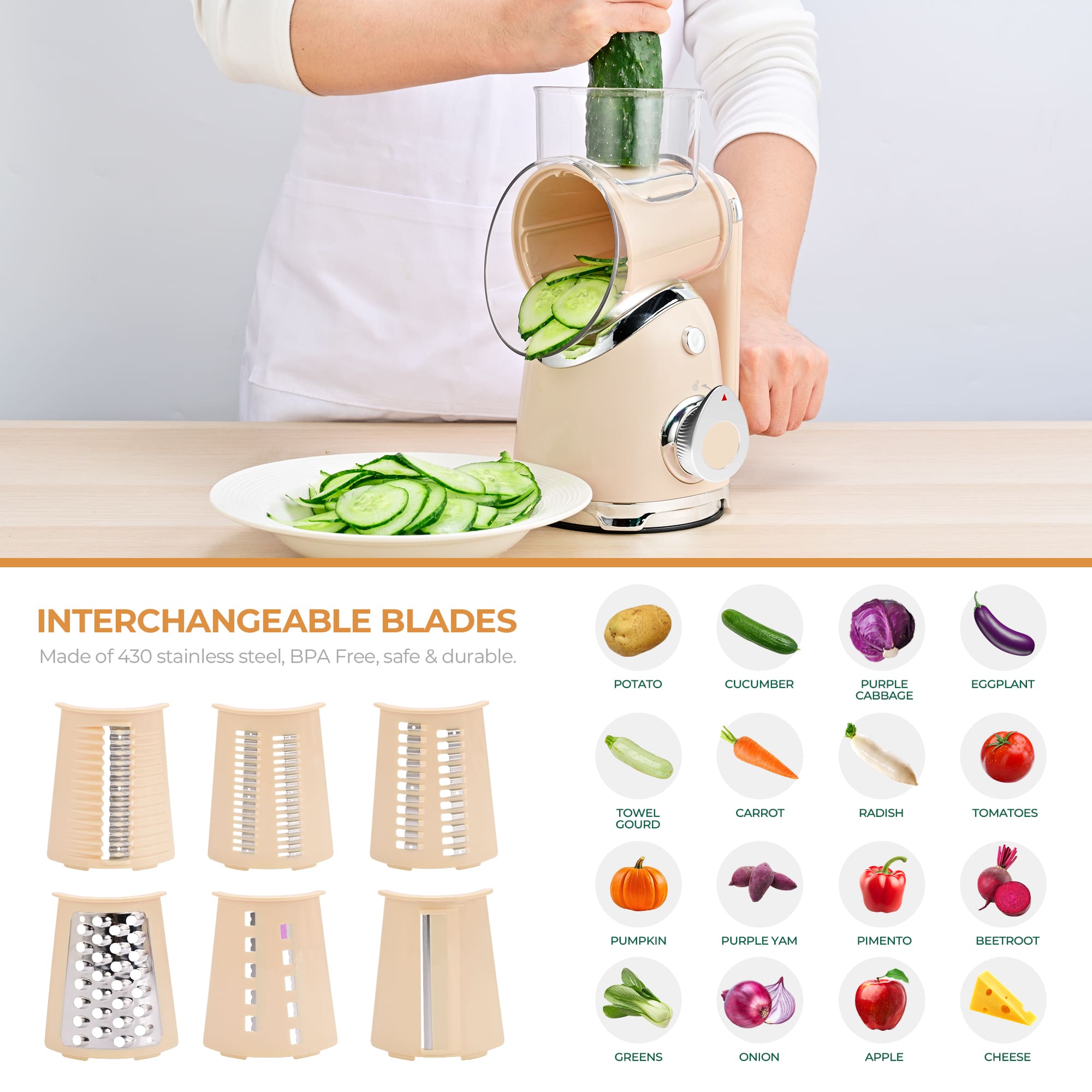 SUSTEAS New Rotary Cheese Grater & Vegetable Shredder