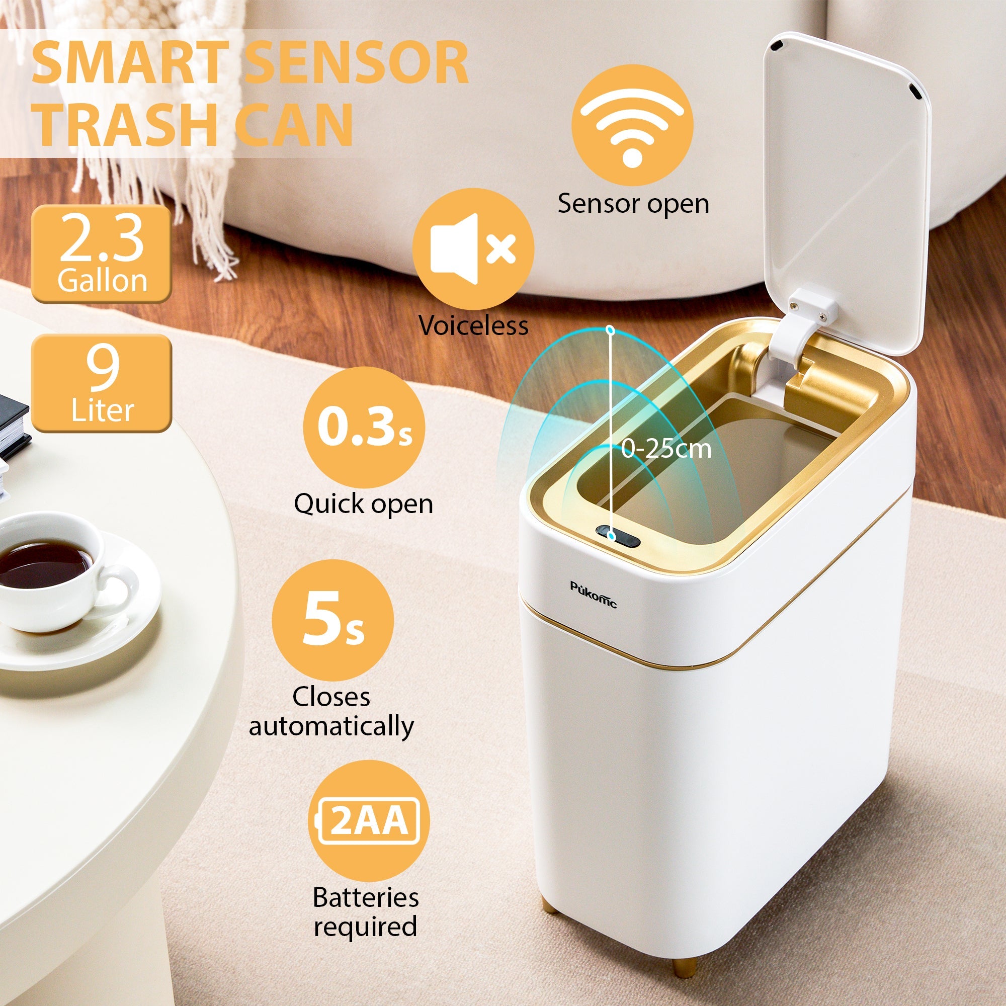 SUSTEAS Automatic Adsorption Sensor Trash Can for Home, 2.3 Gallon / 9L, White Gold