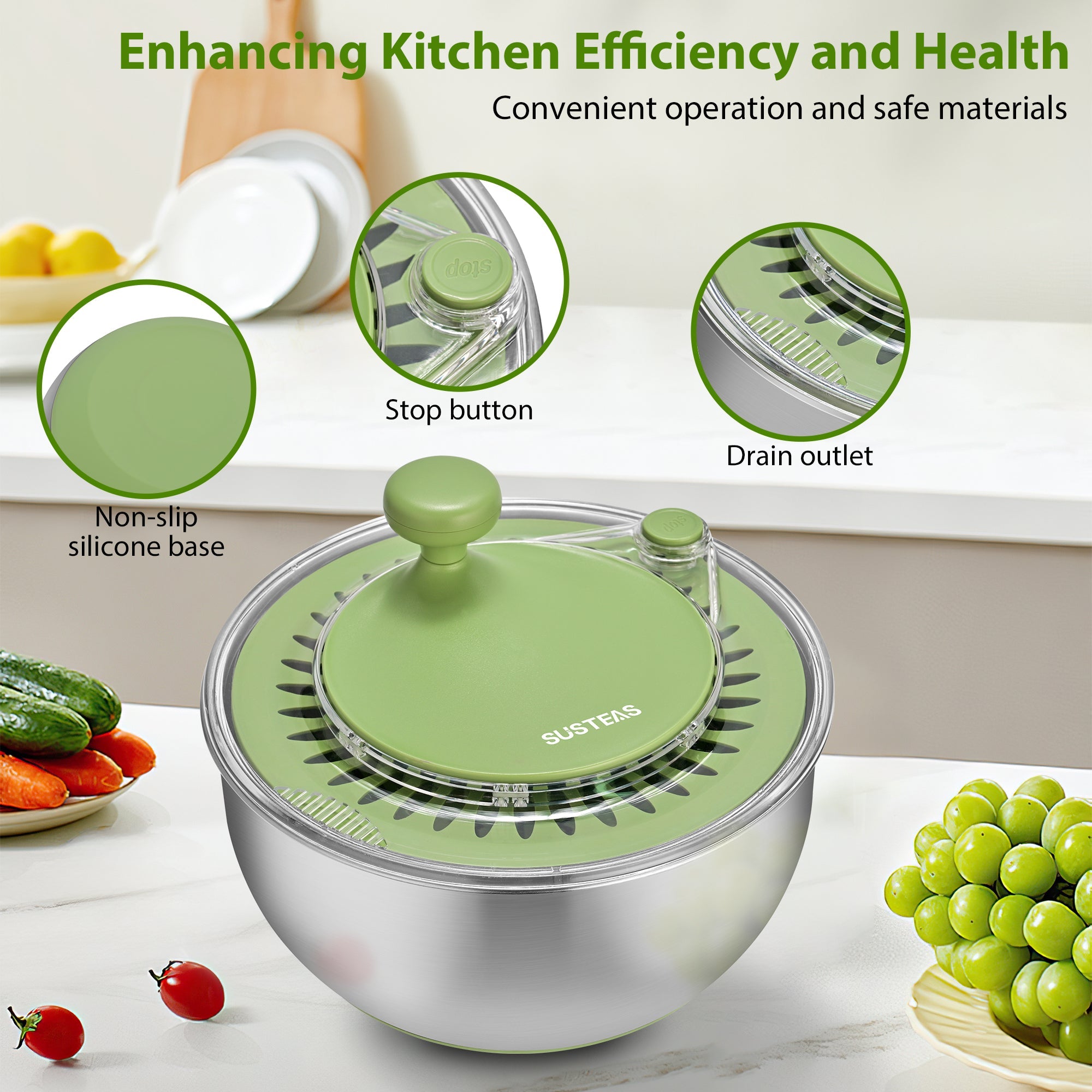 SUSTEAS Salad Spinner, 4.25Qt with 5 Blade Slicer