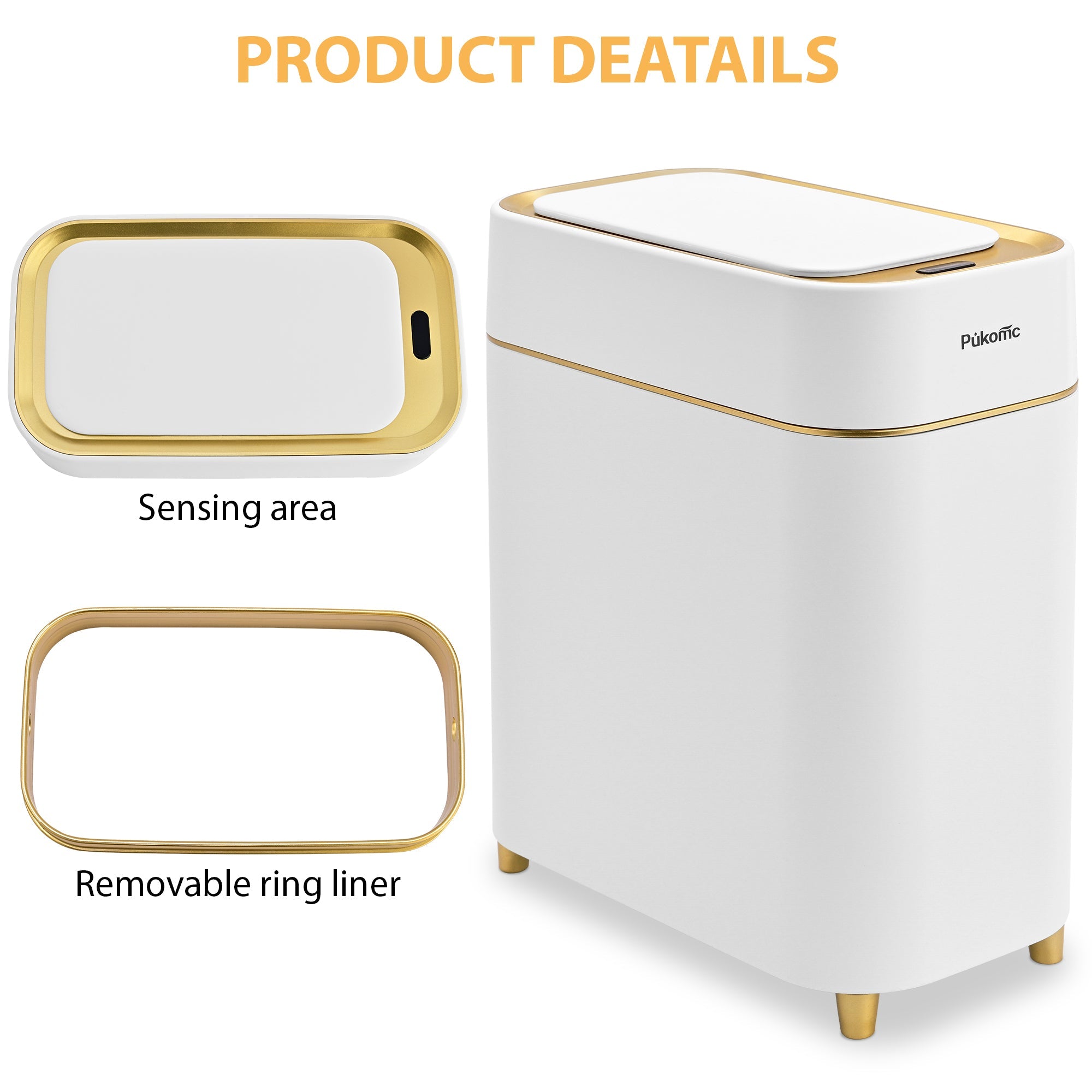SUSTEAS Automatic Adsorption Sensor Trash Can for Home, 2.3 Gallon / 9L, White Gold
