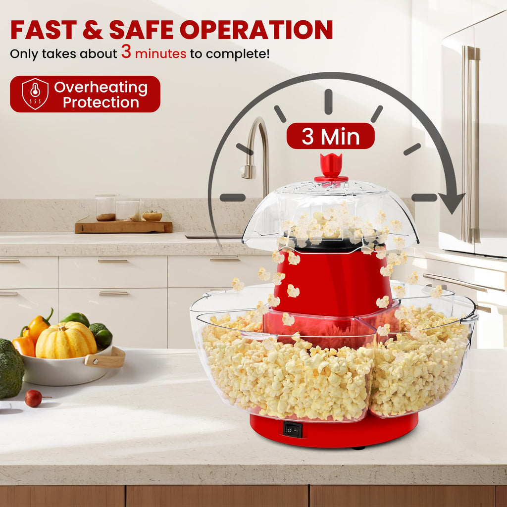 SUSTEAS Electric Popcorn Machine with 4 Serving Bowls & Measuring Cup, Red