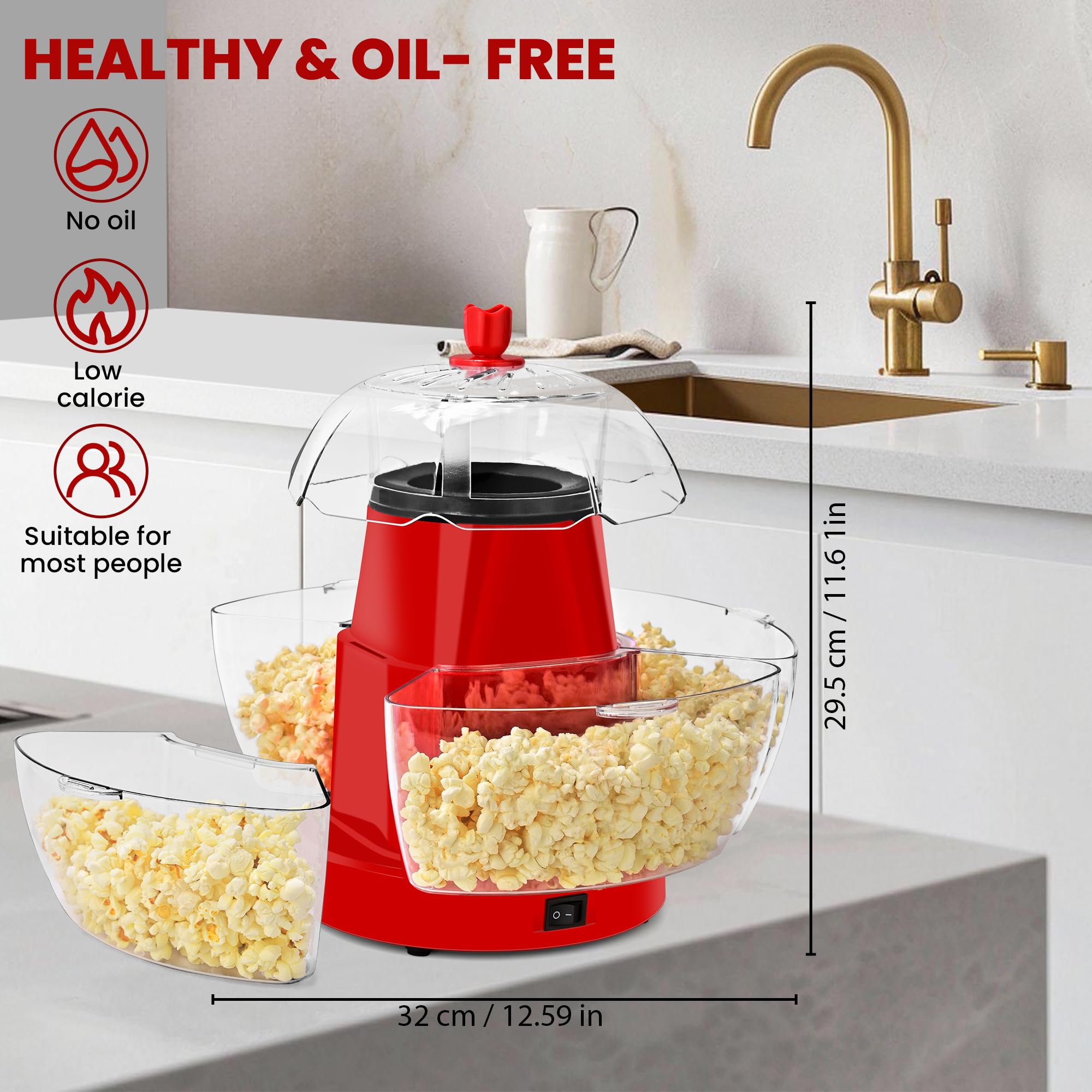 SUSTEAS Electric Popcorn Machine with 4 Serving Bowls & Measuring Cup, Red