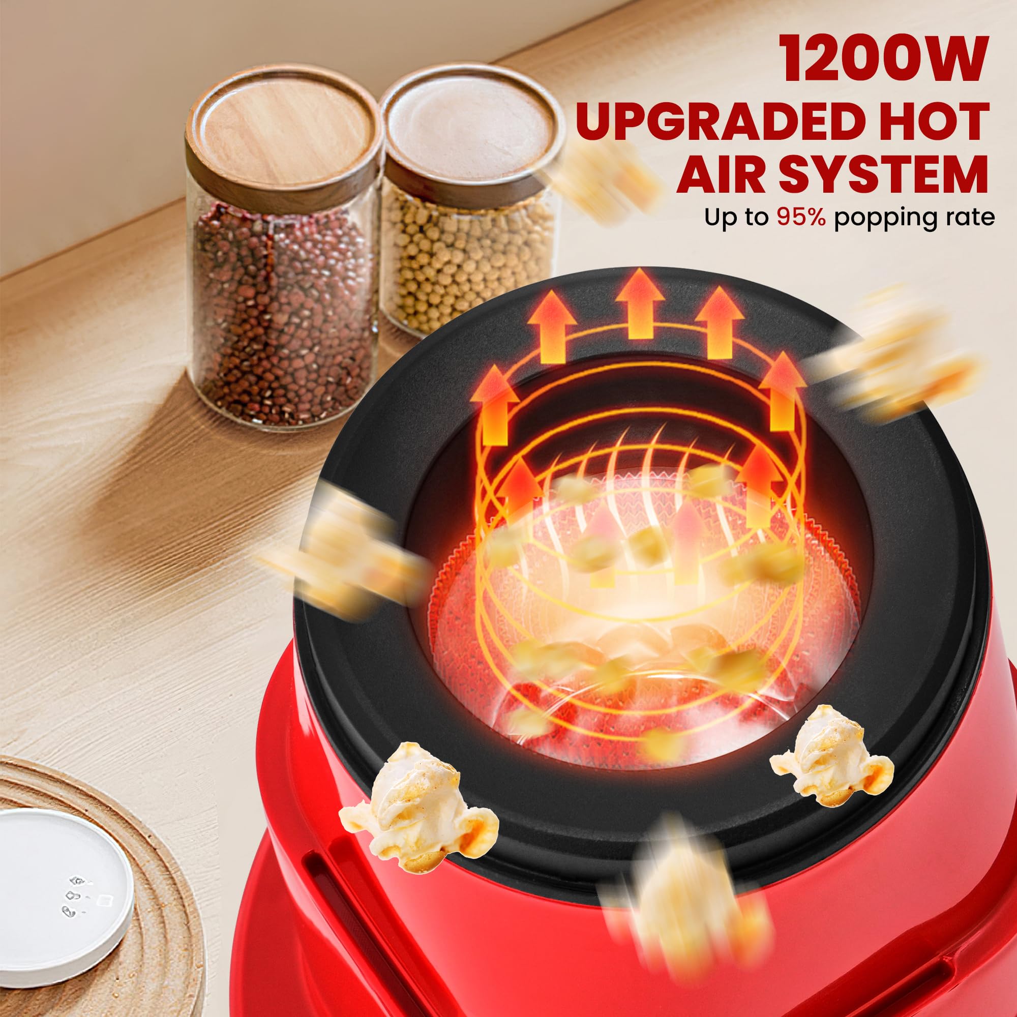 SUSTEAS Electric Popcorn Machine with 4 Serving Bowls & Measuring Cup, Red