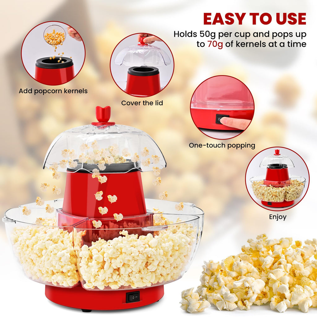 SUSTEAS Electric Popcorn Machine with 4 Serving Bowls & Measuring Cup, Red
